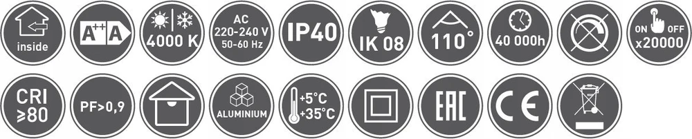 Lubinis šviestuvas GTV LED šviestuvas ARCCO,30W,2700lm,AC220-240V,50/60 Hz,PF>0,9,Ra≥80,IP44,IK08,110°,4000K