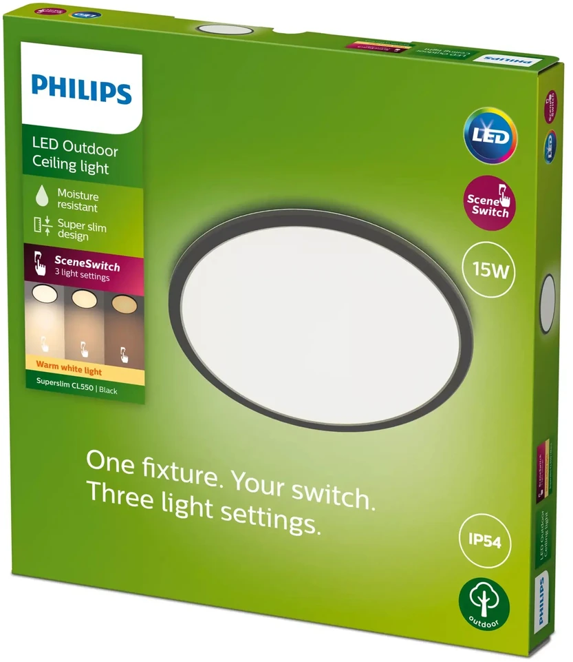 Lampa sufitowa Helios Philips Superslim Ceiling 15W 2700K IP54 juoda