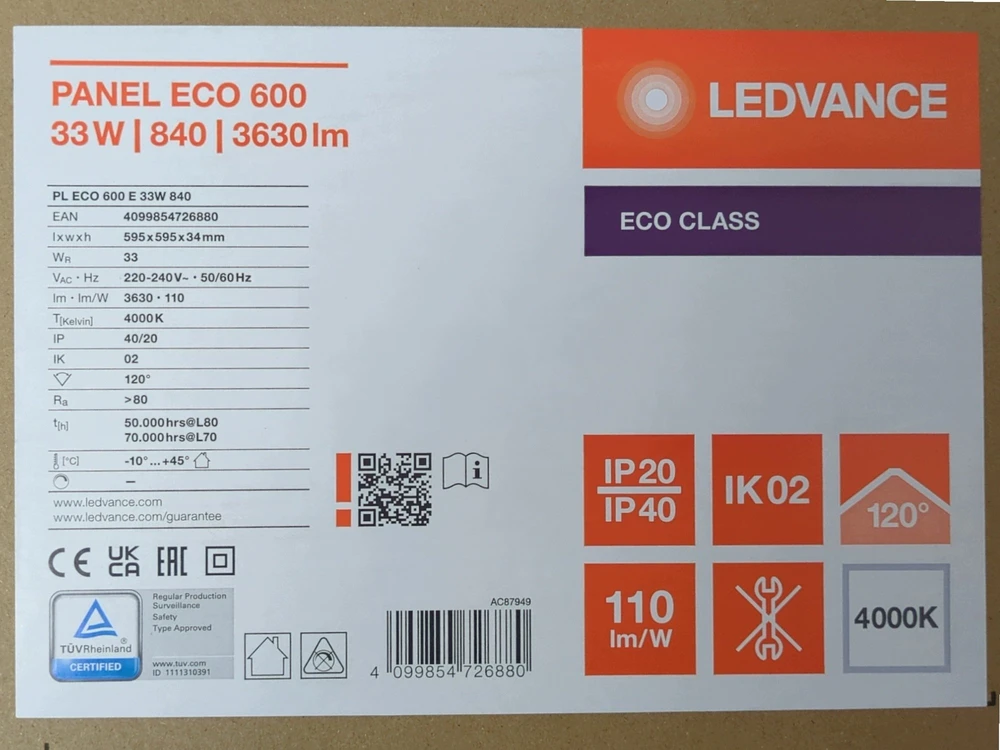 Ledvance 33W LED panelė PANEL ECO, balta, 4000K, 120°, 595x595mm, IP40