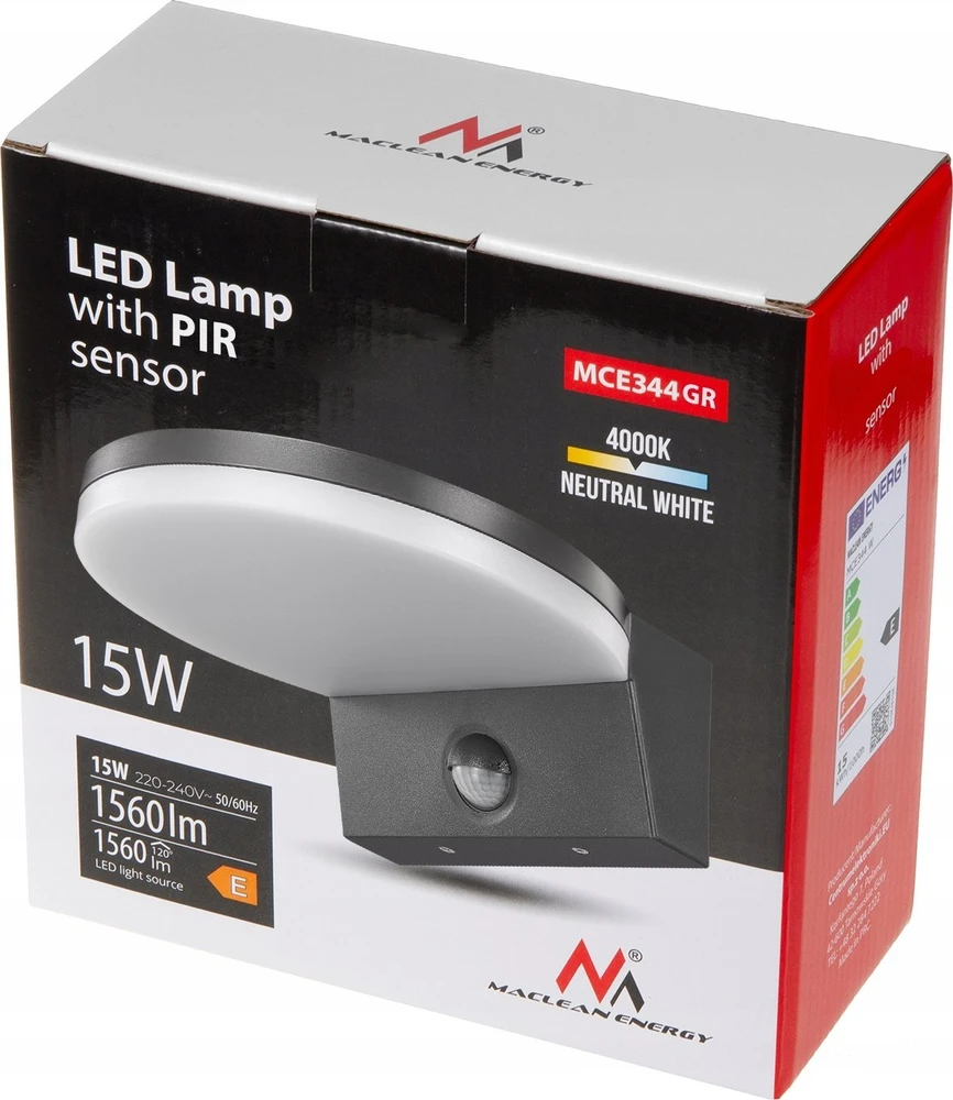 Lubinis šviestuvas Lampa „Maclean“ LED šviestuvas su judesio jutikliu, PIR judesio jutiklis, pilkas, 15 W, IP65, 1560 lm, neutrali balta (4000 K) MCE344 GR