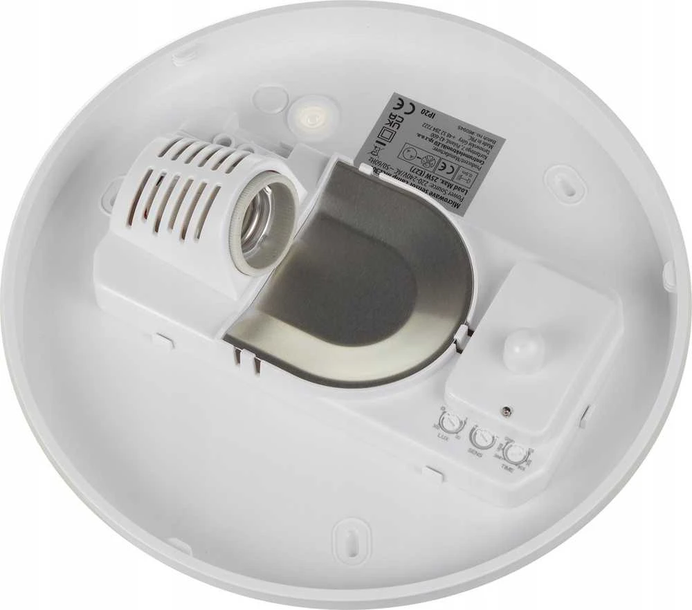 Sufitowa Lubinis šviestuvas 1xE27 su Maclean jutikliu, mikrobangų jutikliu, PMMA gaubtu, maks. apkrova 25W, IP20, MCE309