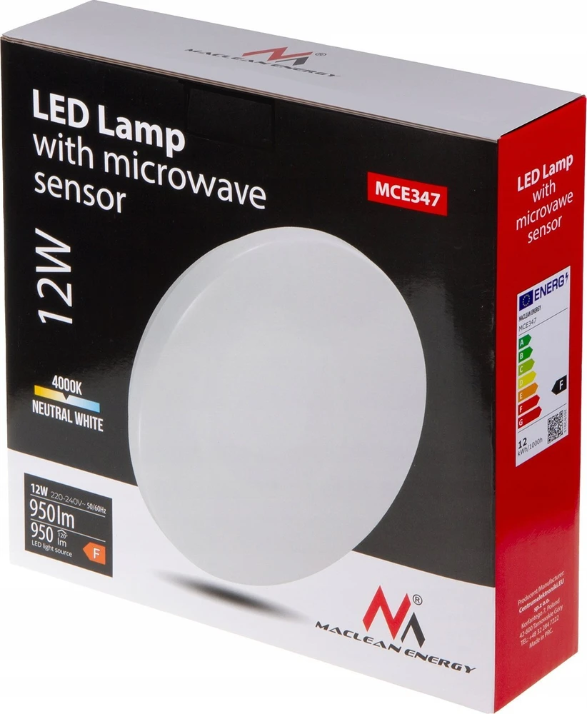 Sufitowa „Maclean“ LED jutiklinis lubinis šviestuvas, 5,8 GHz mikrobangų jutiklis, 4000 K, 12 W, 950 lm, IP44, MCE347