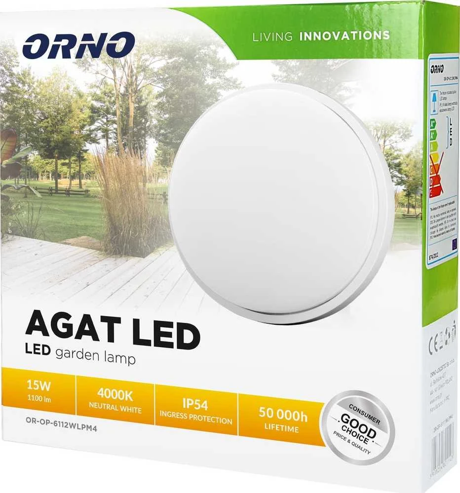 Sieninis šviestuvas Orno AGAT LED 15W, sodo šviestuvas, 1100lm, IP54, 4000K, baltas