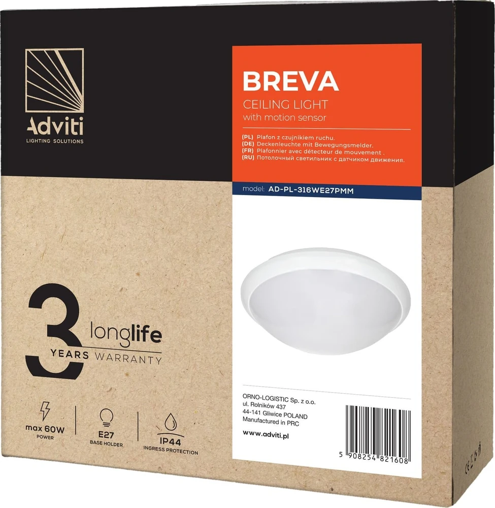 Orno BREVA, lubinis šviestuvas su mikrobangų judesio jutikliu, 60 W, E27, IP44, matinis polikarbonatas