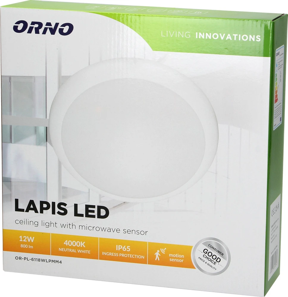 Orno LAPIS LED 12W, lubinis šviestuvas su mikrobangų judesio jutikliu, 800lm, IP65, 4000K, IK10, matinis polikarbonatas, baltas