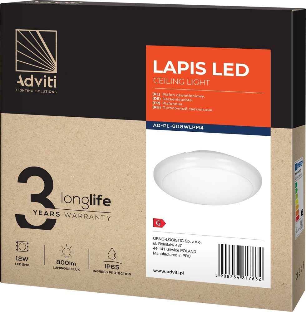 Orno LAPIS LED 12W, lubinis šviestuvas, 800lm, IP65, 4000K, IK10, matinis polikarbonatas, baltas