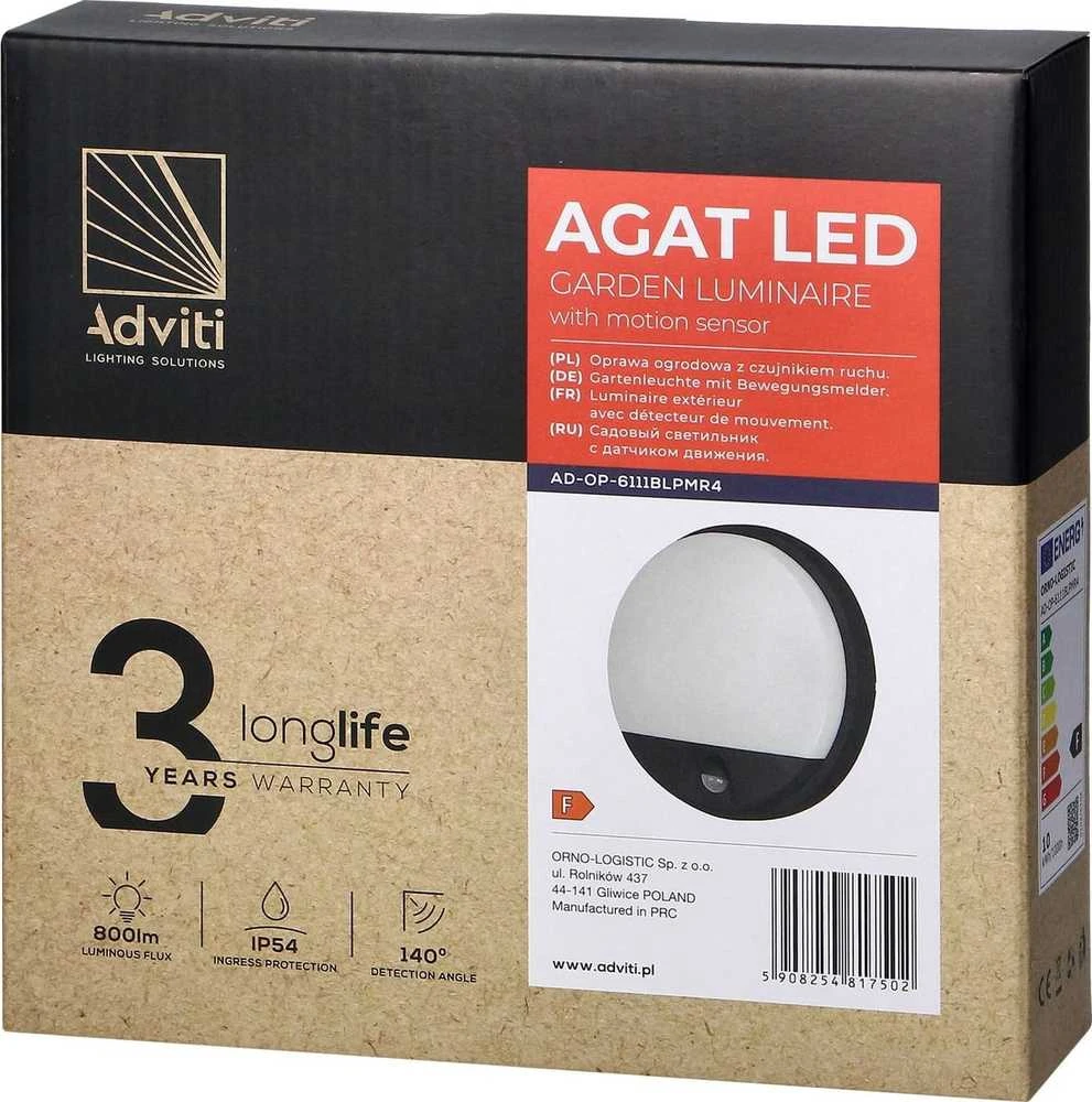 Sieninis šviestuvas Orno AGAT LED 10W, sodo šviestuvas su judesio jutikliu, 140°, 800lm, IP54, 4000K, juodas