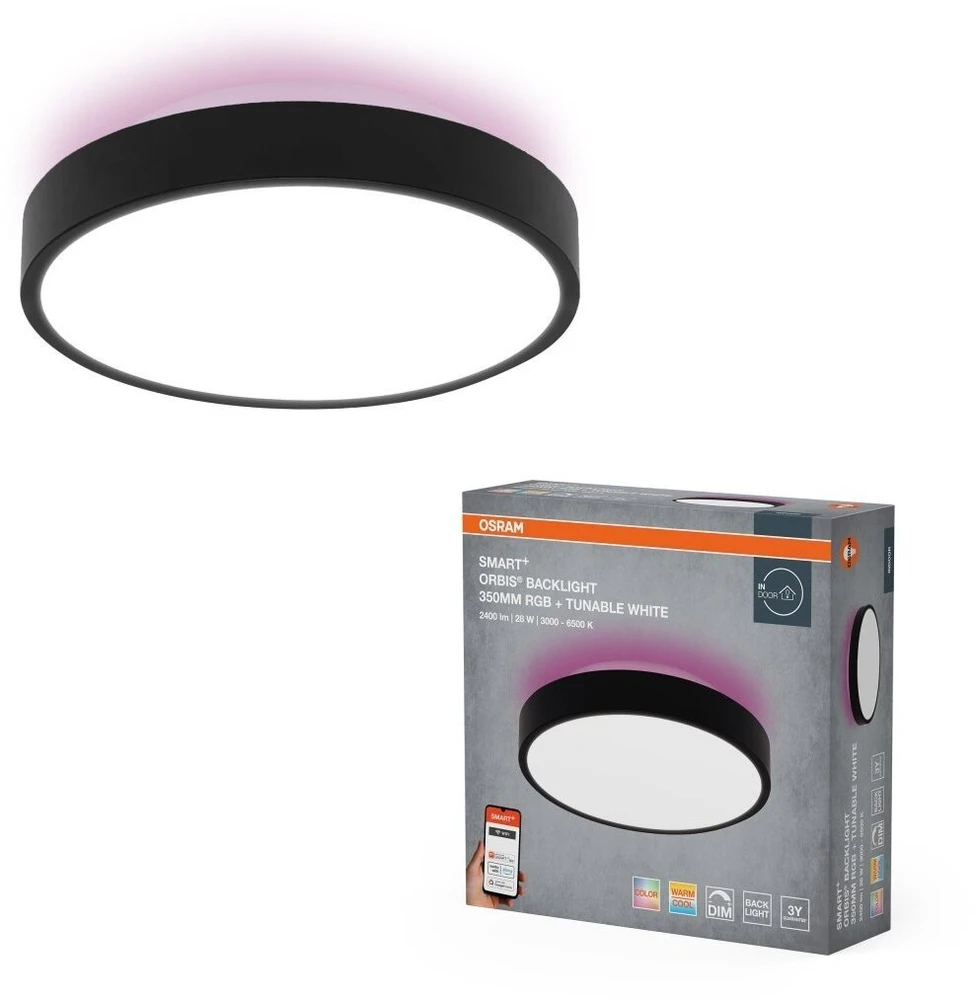 Lubinis šviestuvas Osram 28W LED paviršinis šviestuvas SMART+ ORBIS, juodas, 3000/6500K/RGB, dimeriuojamas