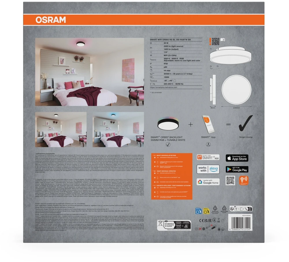 Lubinis šviestuvas Osram 28W LED paviršinis šviestuvas SMART+ ORBIS, juodas, 3000/6500K/RGB, dimeriuojamas