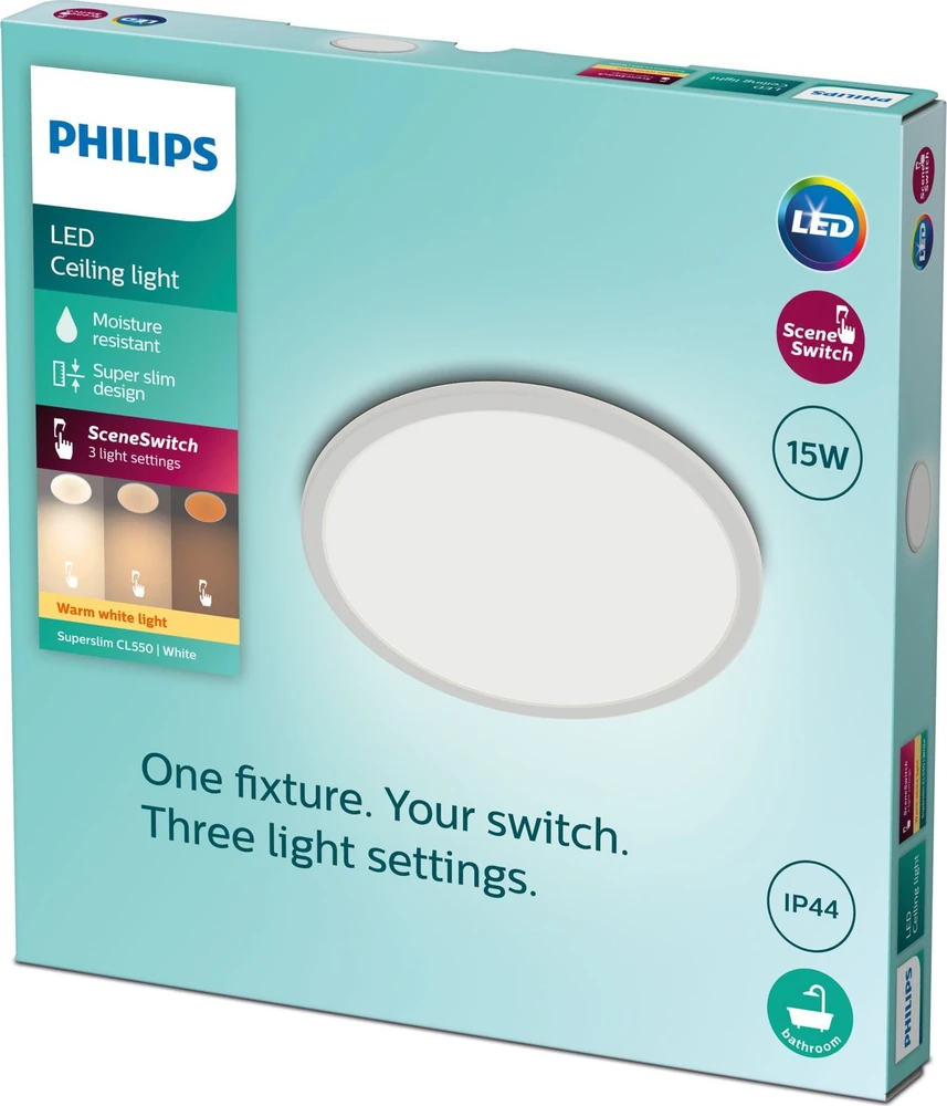 Lubinis šviestuvas Šviestuvas Philips Superslim, 15W, 2700°K, baltas