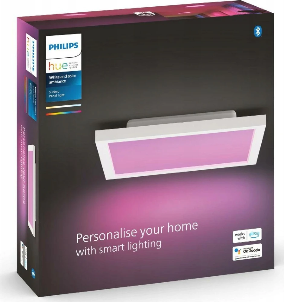 Philips „Hue“ balta ir spalvota aplinkos šviesa „Surimu Square“ skydelis, išmanusis lubinis šviestuvas, „Bluetooth“ / „Zigbee“, balta, LED, metalas, sintetika, nekeičiama(-os) lemputė(-ės)