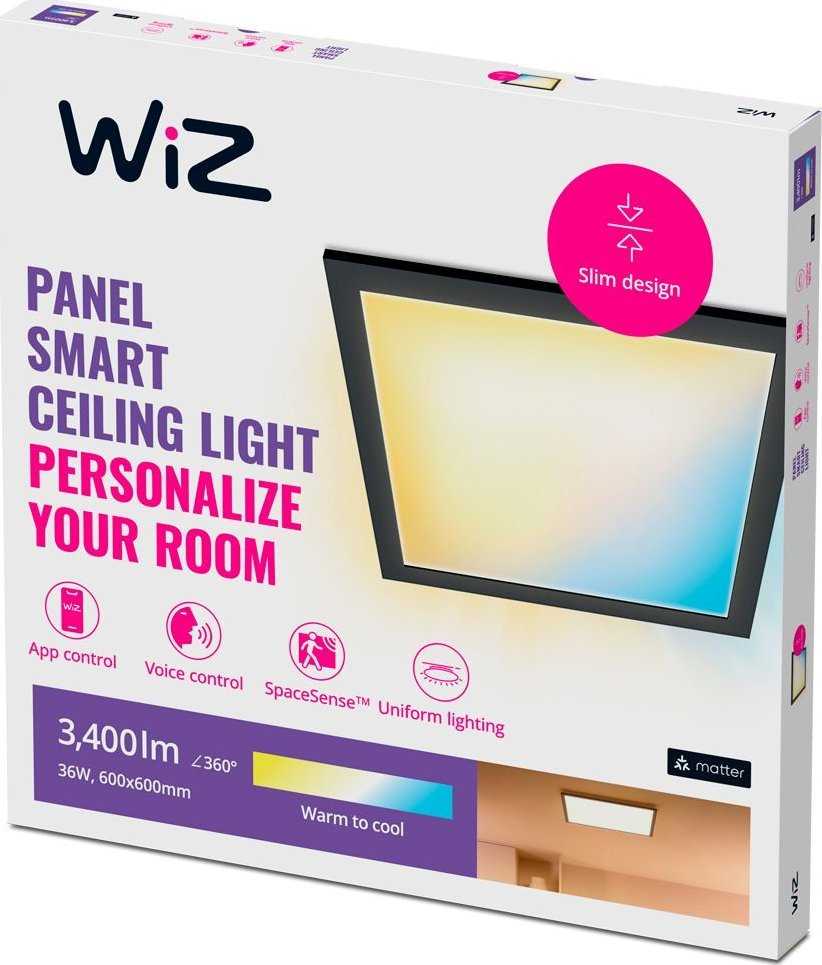 Lubinis šviestuvas PHILIPS WiZ Panel Tunable Baltas 36W kvadratinis juodas - lubų šviestuvas