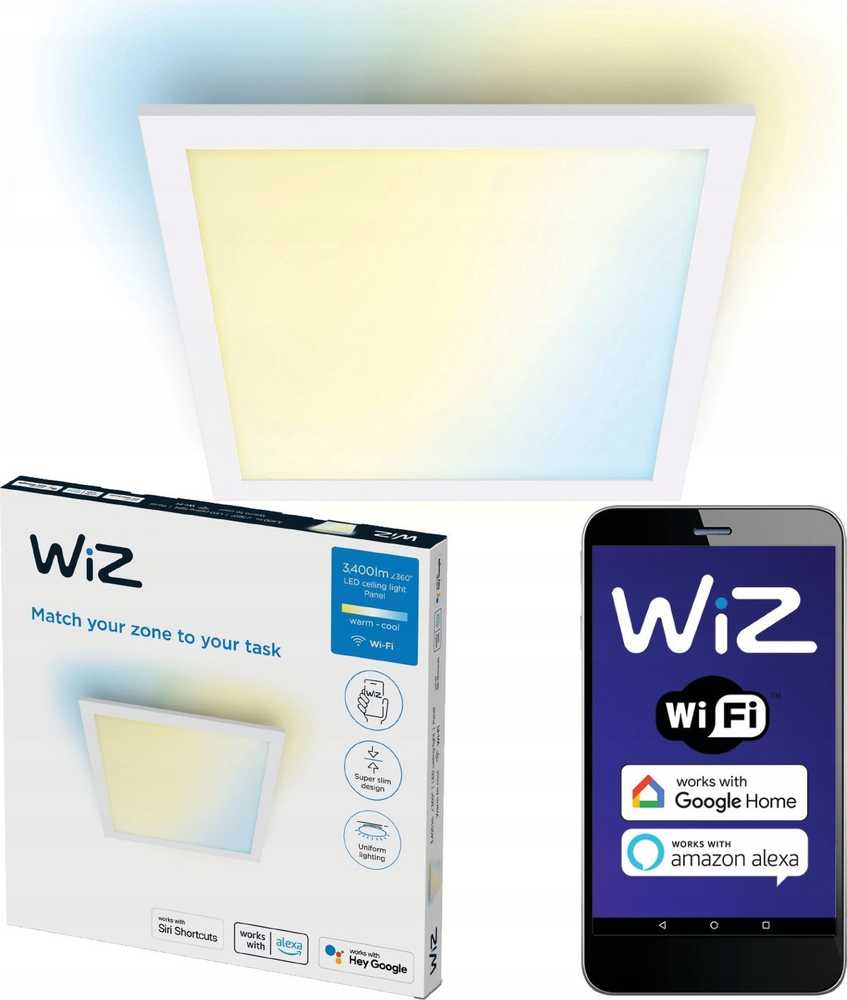 „WiZ“ lubinis šviestuvas, kvadratinis, baltas – išmanusis LED apšvietimas – šiltai arba šaltai balta šviesa – integruotas LED – 36 W