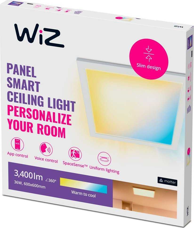 „WiZ“ lubinis šviestuvas, kvadratinis, baltas – išmanusis LED apšvietimas – šiltai arba šaltai balta šviesa – integruotas LED – 36 W