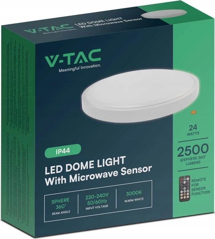 Lubinis šviestuvas V-tac 24W LED paviršinis šviestuvas, baltas, 3000K, IP44, su judesio davikliu