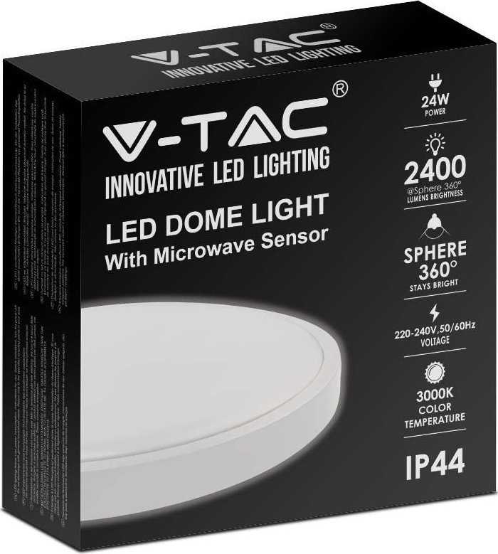 Sieninis šviestuvas V-tac 24W LED paviršinis šviestuvas, baltas, 6500K, IP44, su judesio davikliu