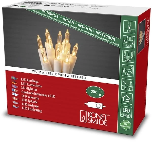 Konstsmide 6301-102, 20 lempučių, LED, Šiltai balta, Vidaus reikmėms, Balta, Plastikas