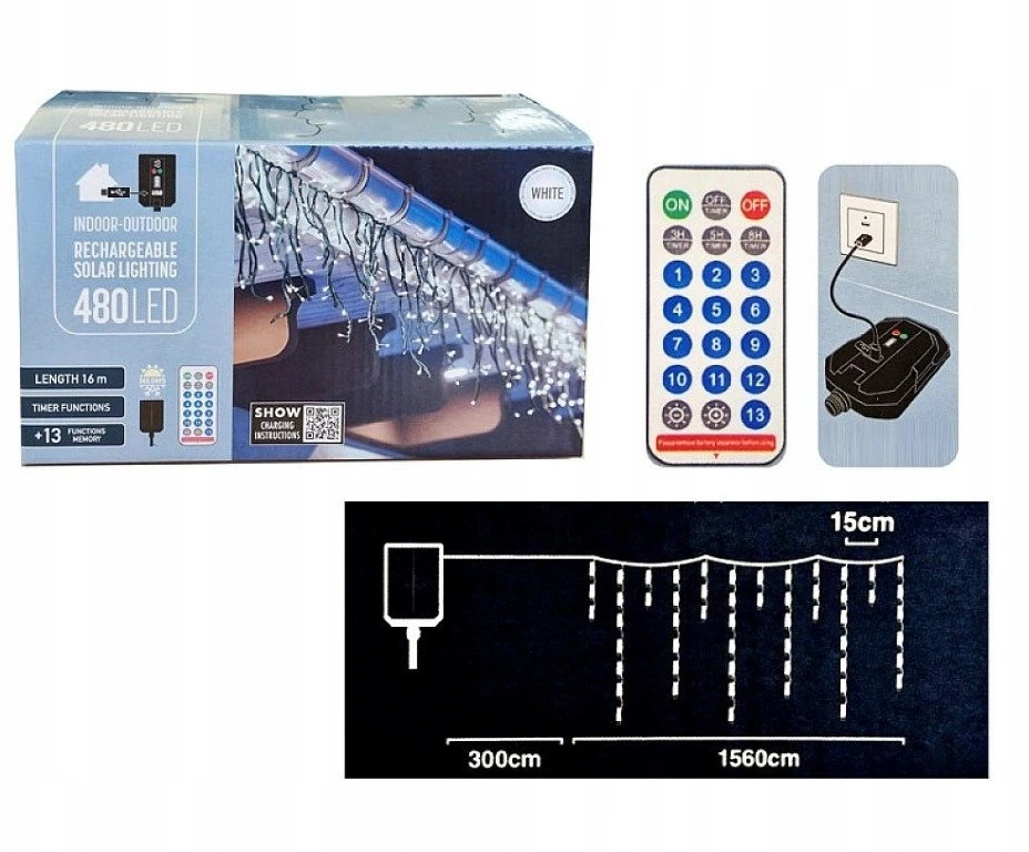 Lampki choinkowe Koopman Lampki choinkowe sople 480 LED solarne su pultu USB światło zimnobiałe 18,6 m