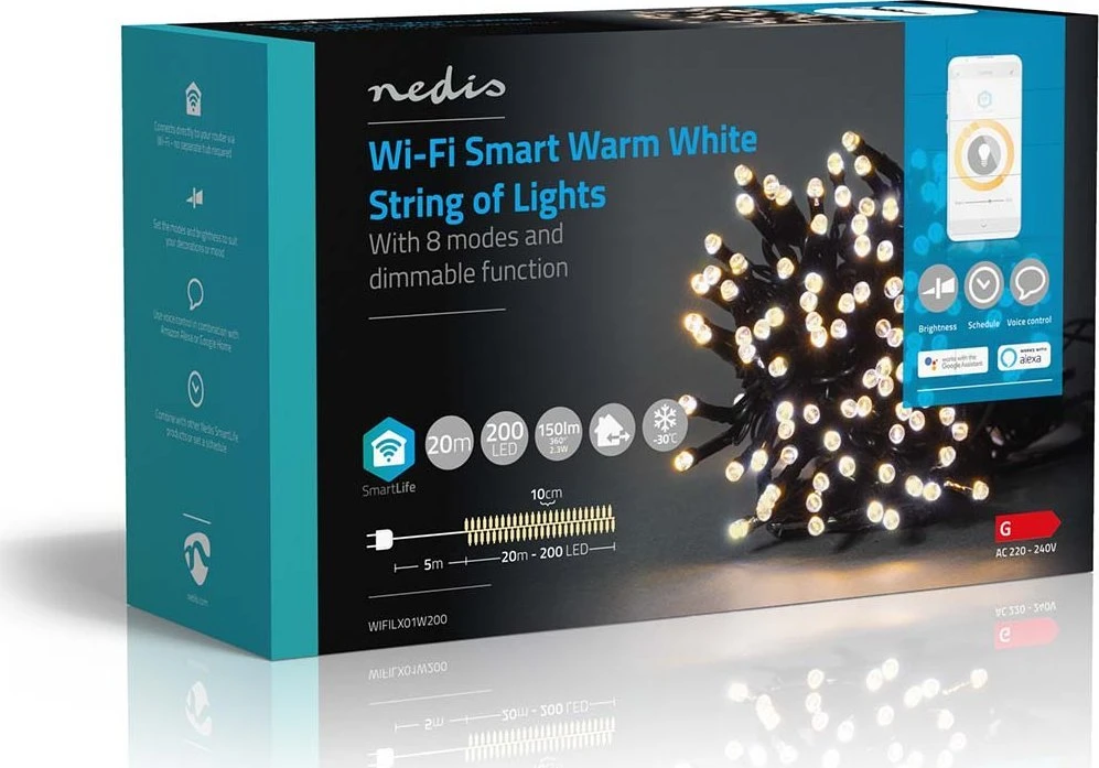 Nedis Smartlife Dekoratyvinis LED | Wi-Fi | 20m | Šiltas baltas | Šiltas baltas | 200 šviesos diodų | 20 m | Android™ / iOS
