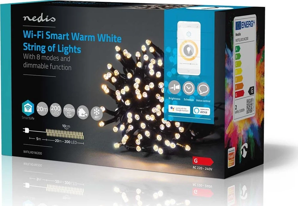 Nedis Smartlife Dekoratyvinis LED | Wi-Fi | 20m | Šiltas baltas | Šiltas baltas | 200 šviesos diodų | 20 m | Android™ / iOS