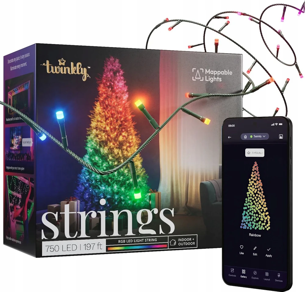 Twinkly Strings Smart LED 750 RGB, 60m, Juodas laidas|Daugiaspalvis