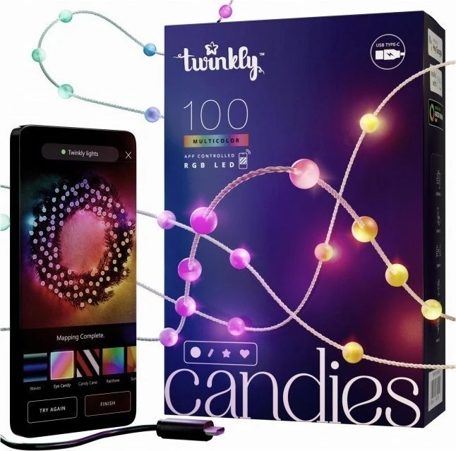 Kalėdinė girlianda Twinkly Candies 100 RGB LED USB- C, žalios spalvos laidas
