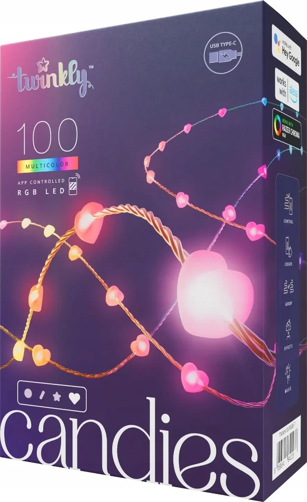 „Twinkly Candies“ 100 širdies formos RGB šviesos diodų, skaidrus laidas, USB-C