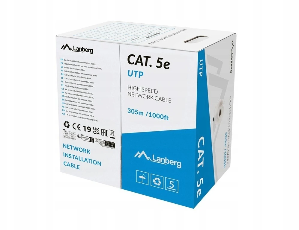 LANBERG LAN kabelis UTP CAT.5E 305M kietas CU LSZH Pilkas CPR + FLUKE PASSED