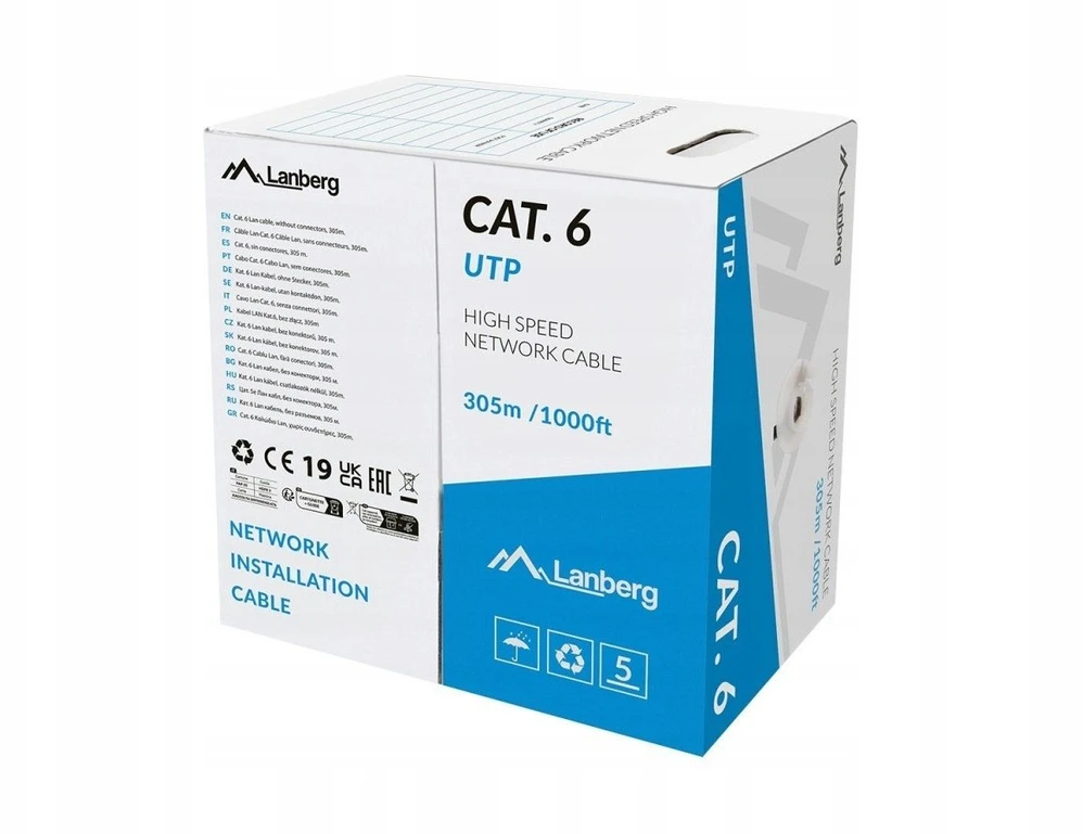 LANBERG LAN kabelis UTP CAT.6 305M kietas CU LSZH Pilkas CPR + FLUKE PASSED