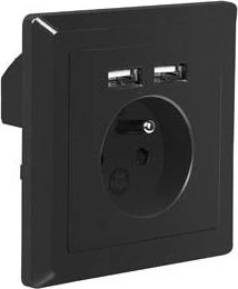 LANBERG AC-WS01-USB2-E-B AC sieninis lizdas prancūziškas su 2 prievadų USB 2,1A pakrovėju, Juodas