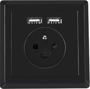 LANBERG AC-WS01-USB2-E-B AC sieninis lizdas prancūziškas su 2 prievadų USB 2,1A pakrovėju, Juodas