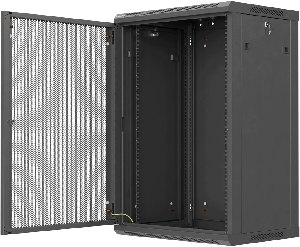 Lanberg Montavimo pakabinama 19'' 18U 600x450 juoda spintelė su perforuotomis durelėmis (FLAT PACK) (WF01-6418-23B)