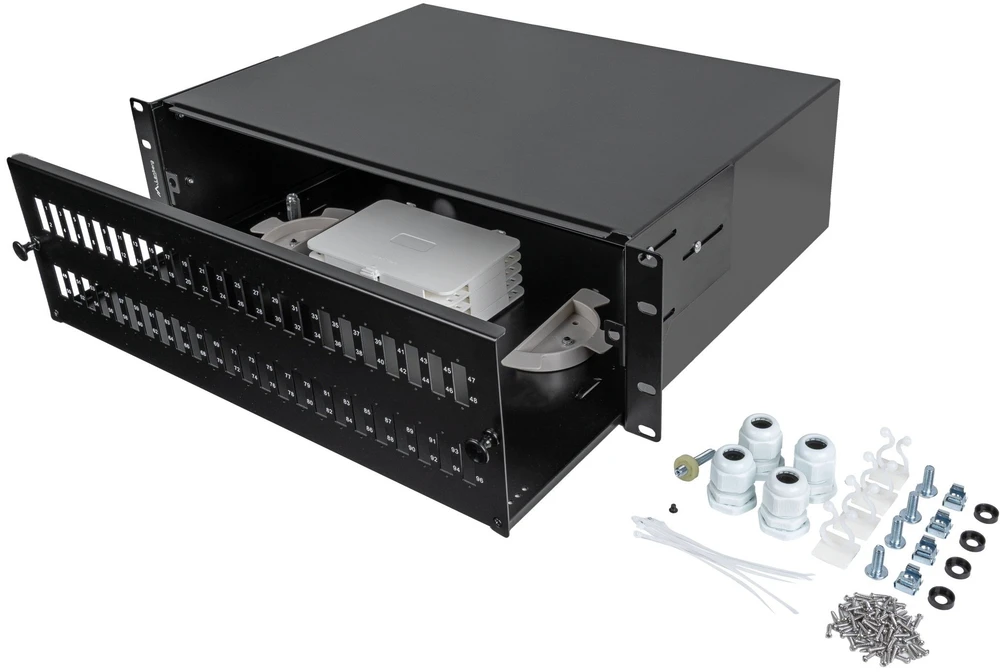 Lanberg Šviesolaidinė skirstymo plokštė 48XSC DUPLEX / 48XLC QUAD RACK 19'' 3U juoda + priedai (FOP1-48SD-LQB)