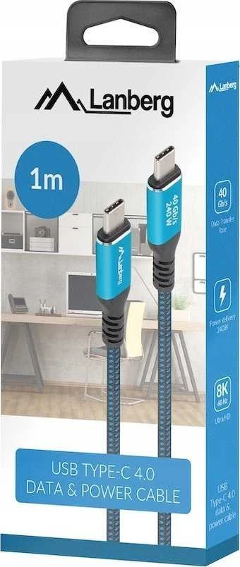 LANBERG cable USB-C M/M 4.0 1m 240W 8K 60Hz Juodas-mėlynas