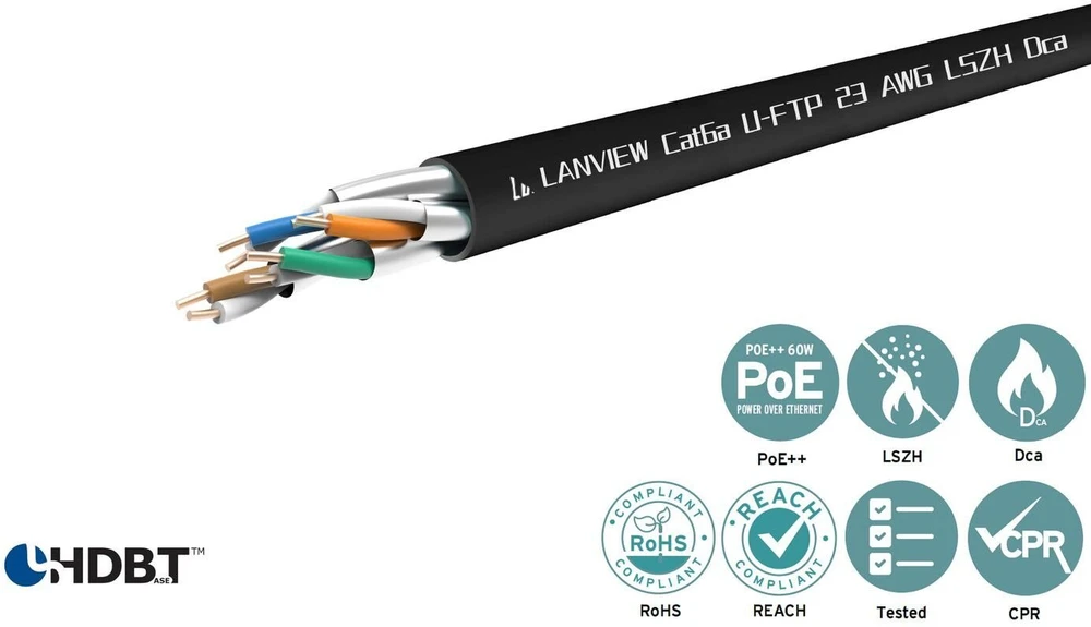 Lanview Kabelis sieciowy Cat 6a, U/FTP, HD-BaseT, 4x2xAWG23, LSZH, juoda, 305 m (LVN122433)