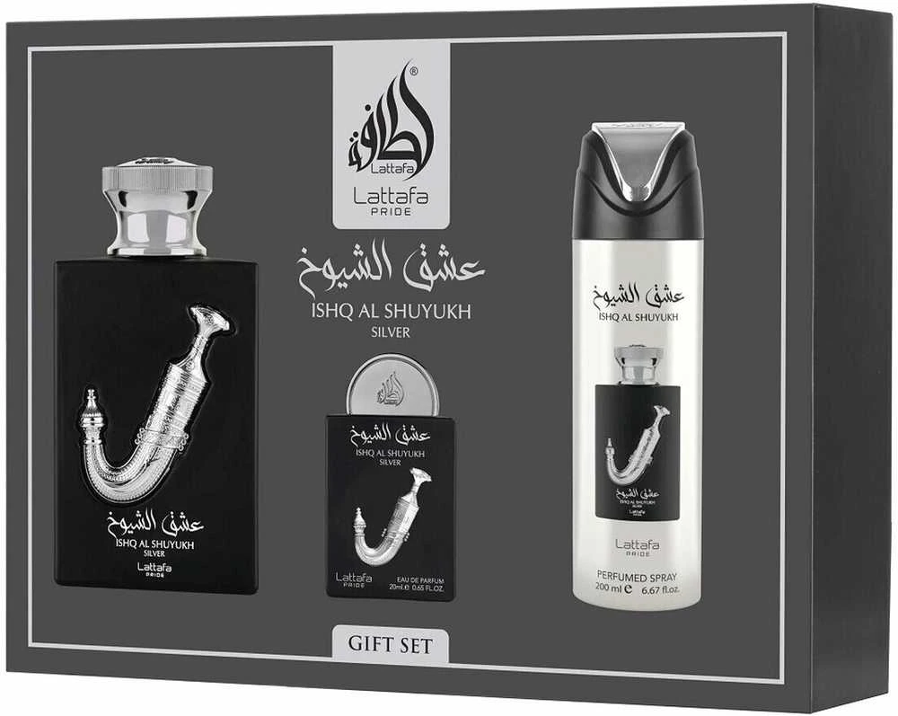 Lattafa Ishq Al Shuyukh Sidabrinis parfuminio vandens rinkinys 100 ml + kvepalų vandens purškiklis 20 ml + purškiamas dezodorantas 200 ml
