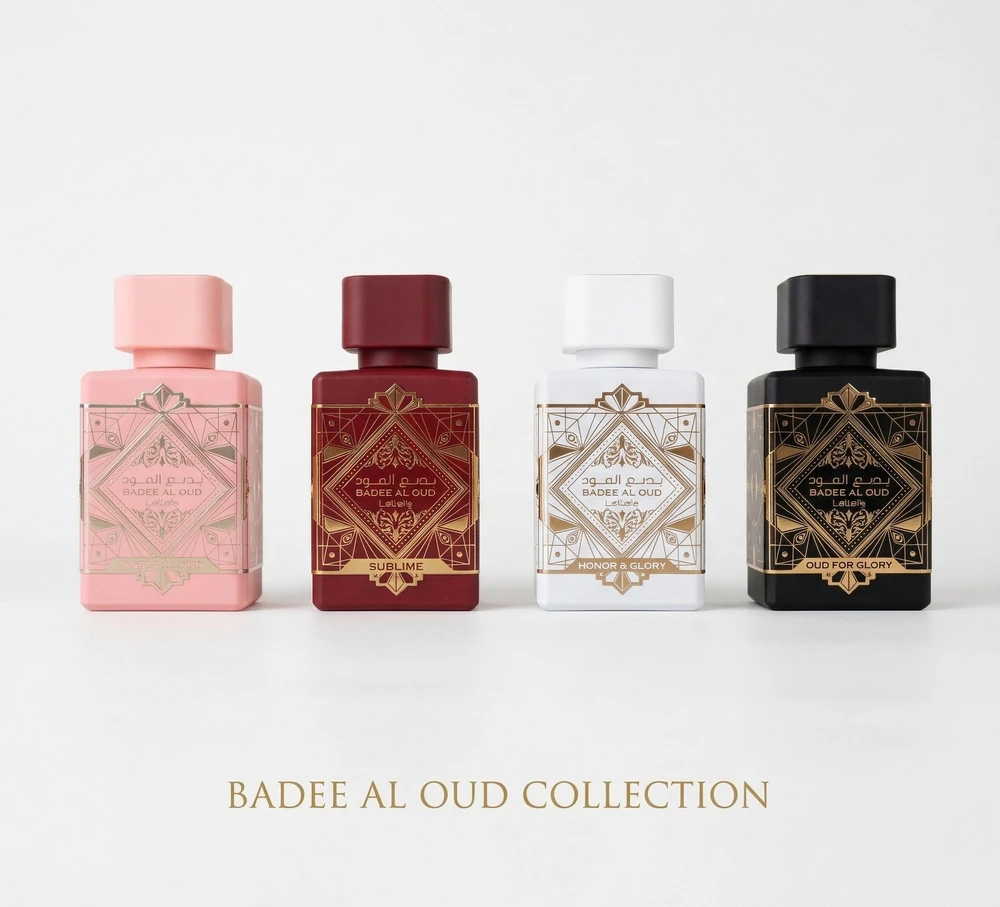 Set Lattafa: Bade'e Al Oud Oud For Glory Eau De Parfum Unisex, 25 ml + Bade'e Al Oud Honor & Glory Eau De Parfum Unisex, 25 ml + Bade'e Al Oud Sublime Eau De Parfum Unisex, 25 ml + Bade'e Al Oud Noble Blush Eau De Parfum For Women, 25 ml