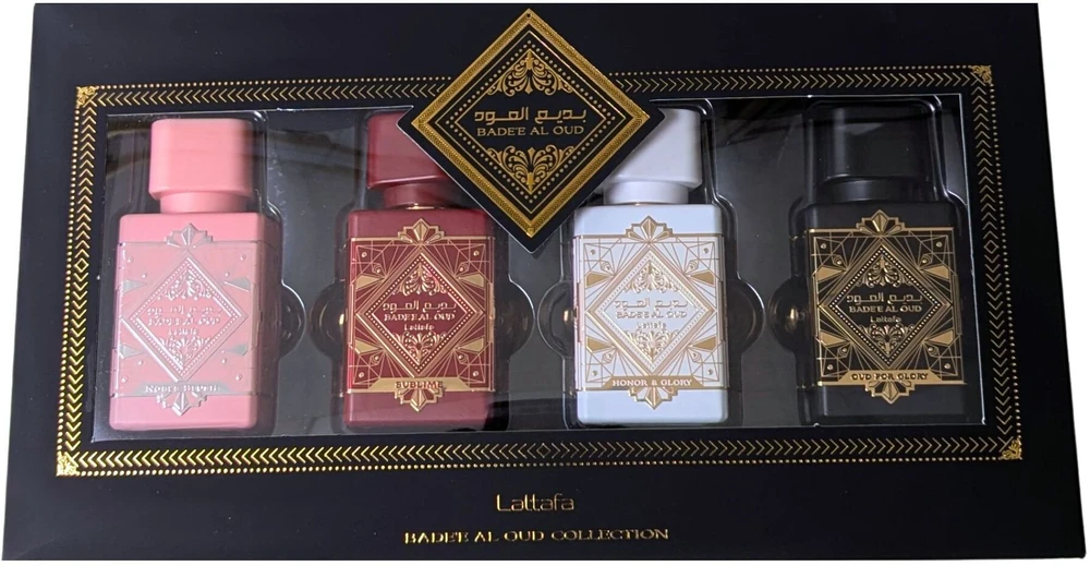 Set Lattafa: Bade'e Al Oud Oud For Glory Eau De Parfum Unisex, 25 ml + Bade'e Al Oud Honor & Glory Eau De Parfum Unisex, 25 ml + Bade'e Al Oud Sublime Eau De Parfum Unisex, 25 ml + Bade'e Al Oud Noble Blush Eau De Parfum For Women, 25 ml