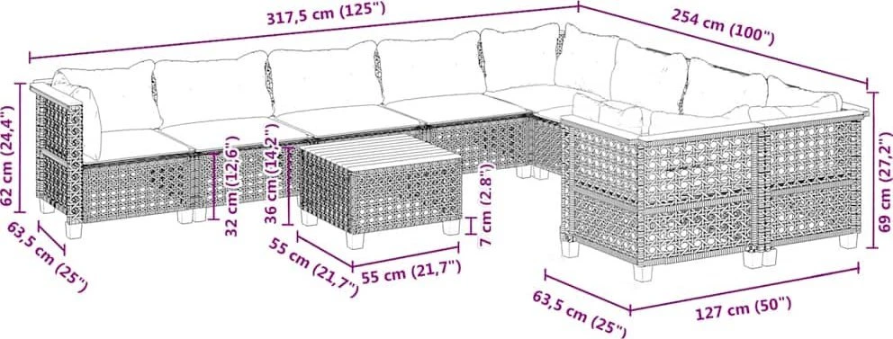 Sofos komplektas su pagalvėlėmis, 10 dalių, smėlio, poliratanas