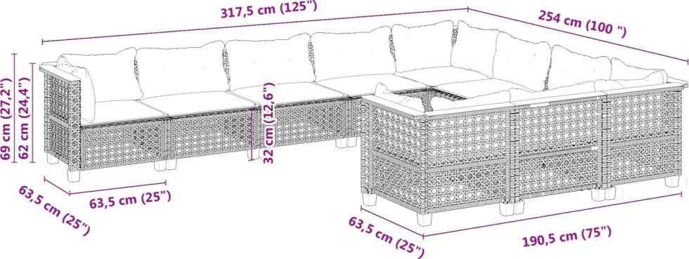 Sofos komplektas su pagalvėlėmis, 10 dalių, smėlio, poliratanas