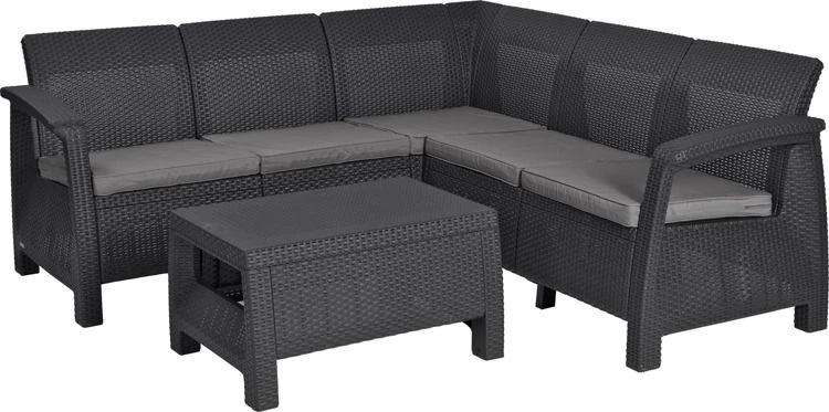Lauko baldų komplektas Keter Allibert Rinkinys mebli Curver Corfu Relax set Narożna kanapa + stolik Grafit-Jasny pilka