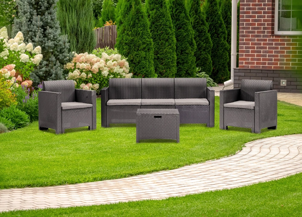 Lauko baldų komplektas Gardena B:Rattan Bica Nebraska sofos/fotelio komplektas (antracito spalvos su Pilkas sėdynės pagalvėlėmis)