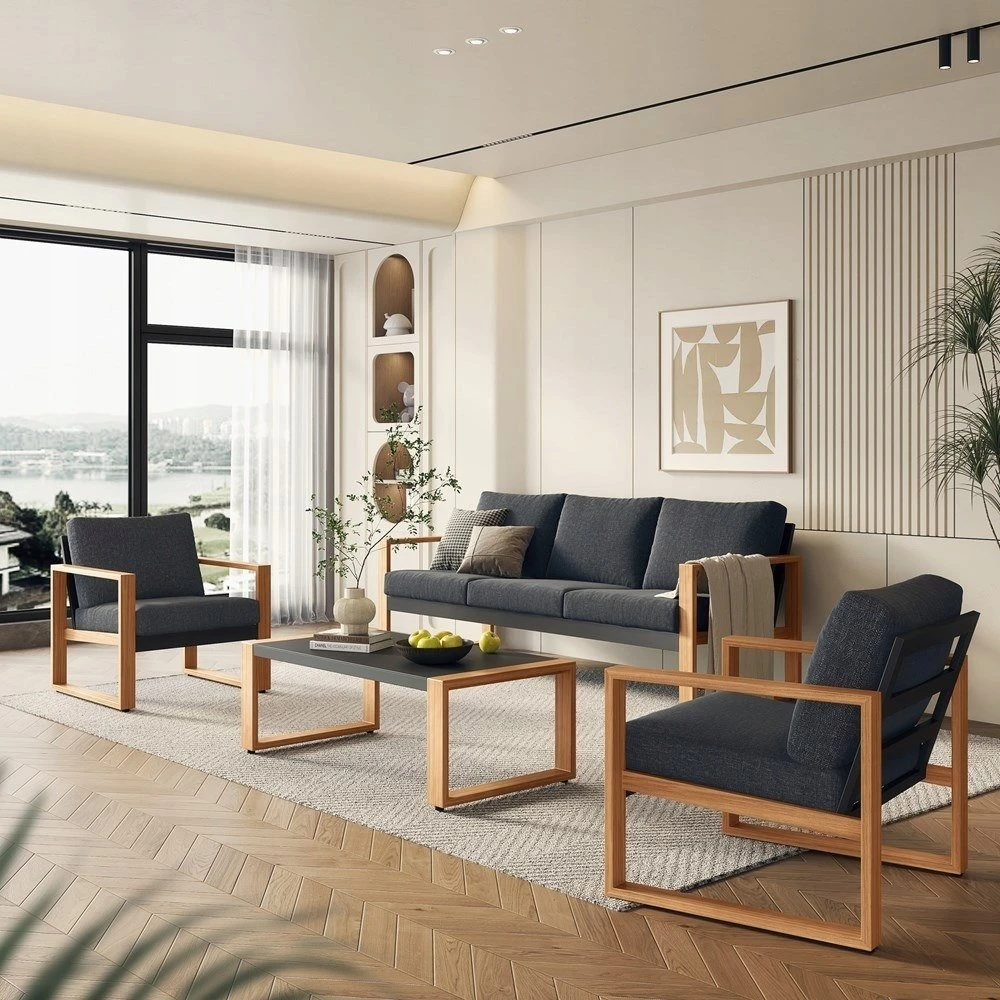 Lauko baldų komplektas Kontrastingas sodo baldų komplektas DUISBURG sofa-fotelis-staliukas antracito / rudos spalvos