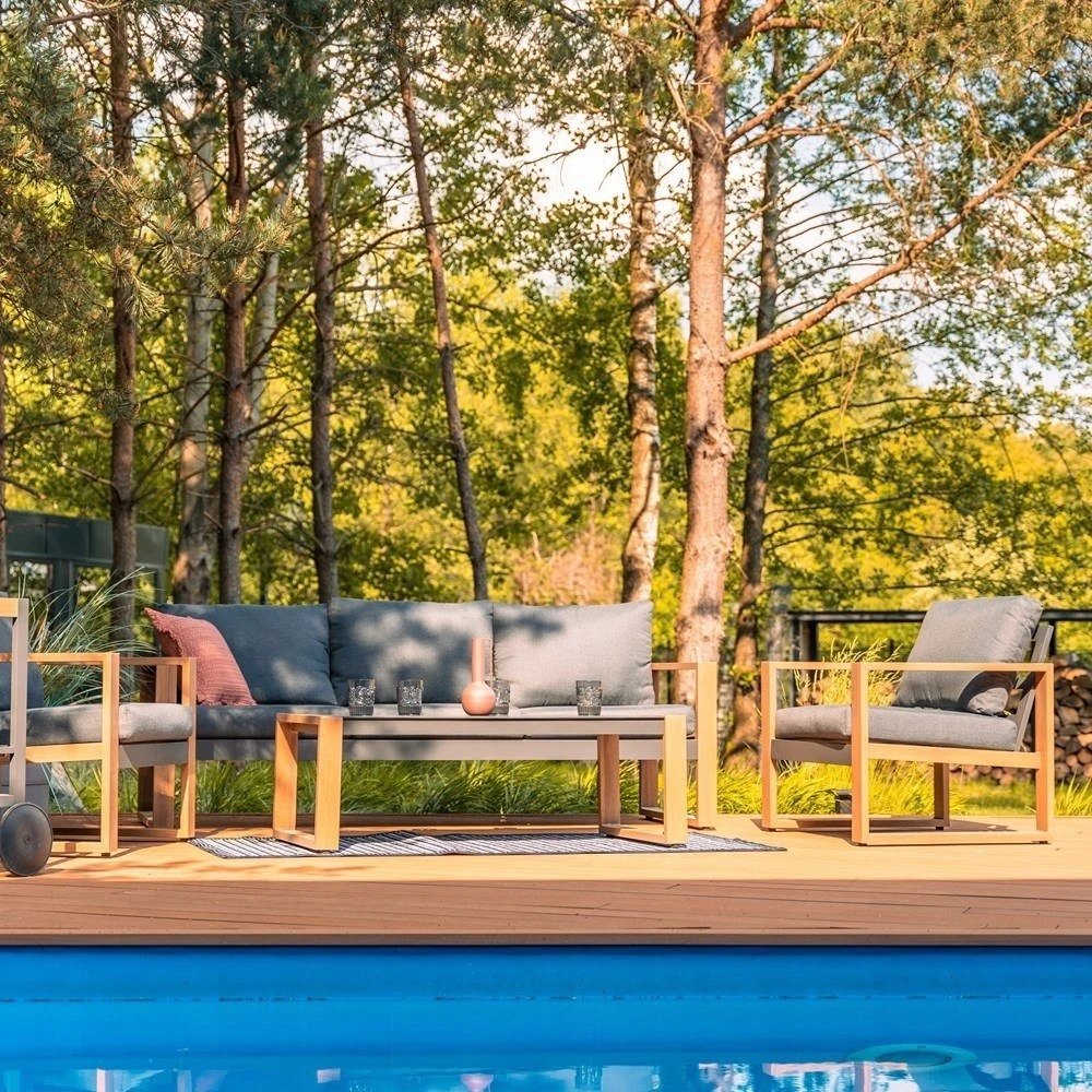 Lauko baldų komplektas Kontrastingas sodo baldų komplektas DUISBURG sofa-fotelis-staliukas antracito / rudos spalvos