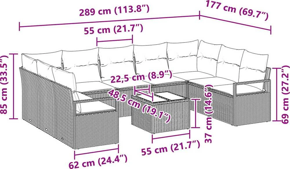 Lauko baldų komplektas Sofos komplektas 10 vnt. Juoda poliratanas