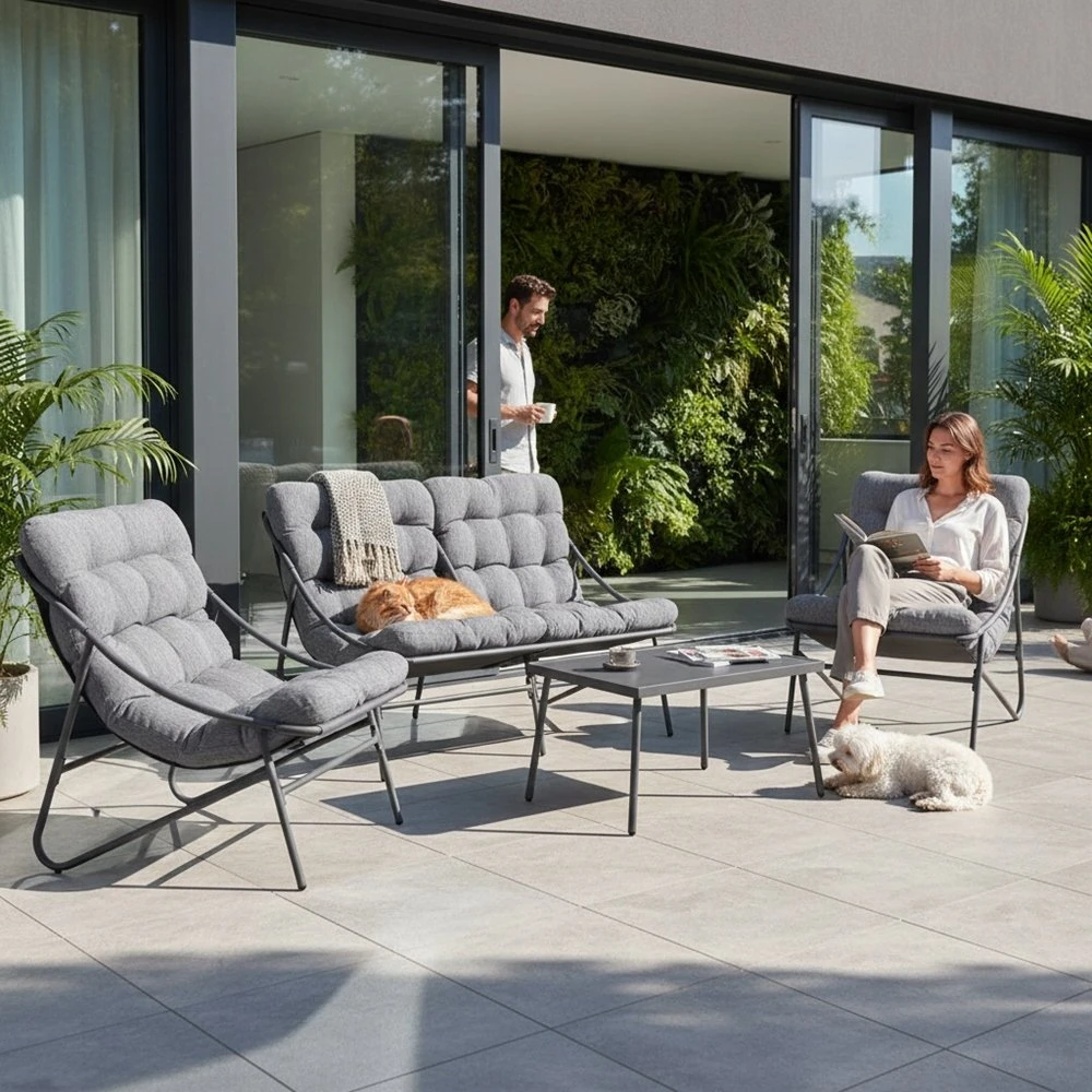 Lauko baldų komplektas Selsey Sodo baldų rinkinys VIBE, 4 dalių: kėdės, sofa, staliukas, pilkas (M-MO-ZEO-VIB-ZES-CZA)