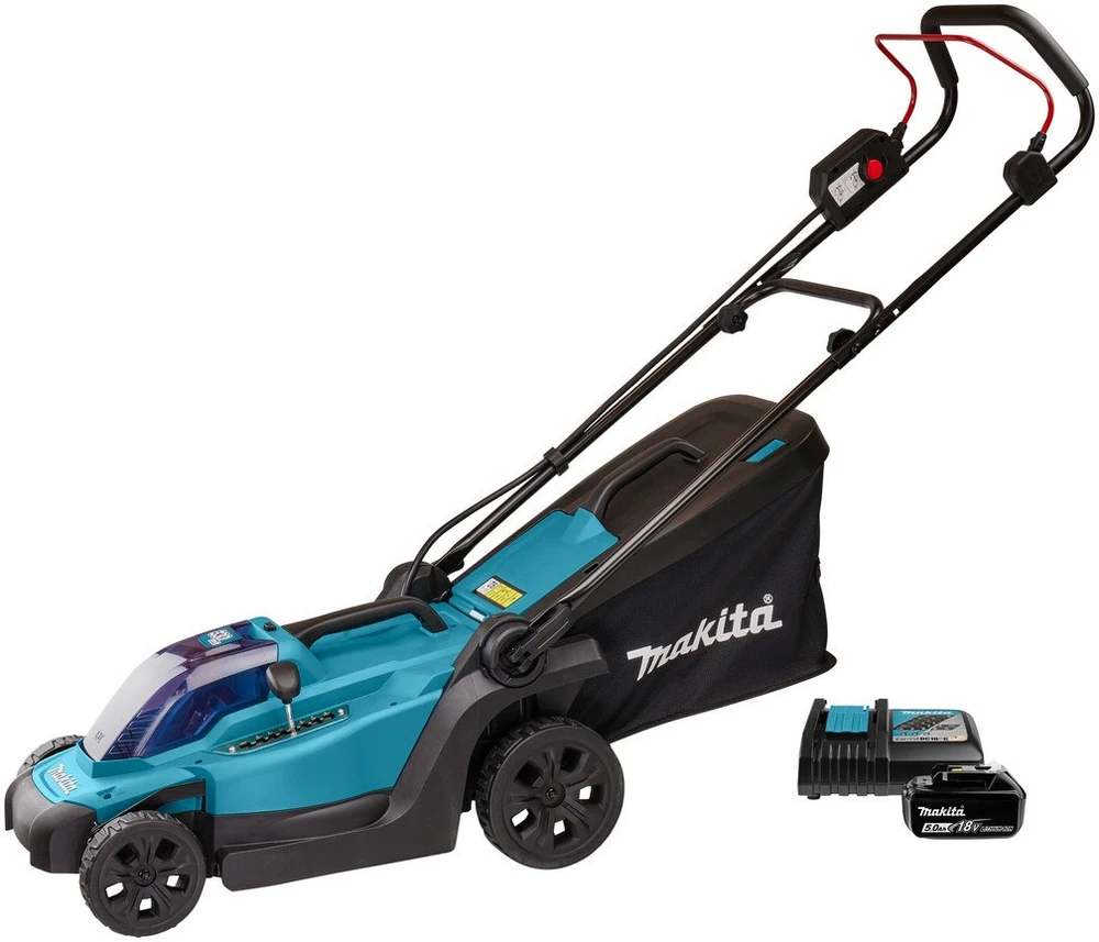 Makita DLM330RT akumuliatorinė vejapjovė 18 V ličio jonų, 1 x 5,0 Ah, DC18RC, 33 cm, 3 viename (pjovimas / surinkimas / mulčiavimas), 12,6kg,
