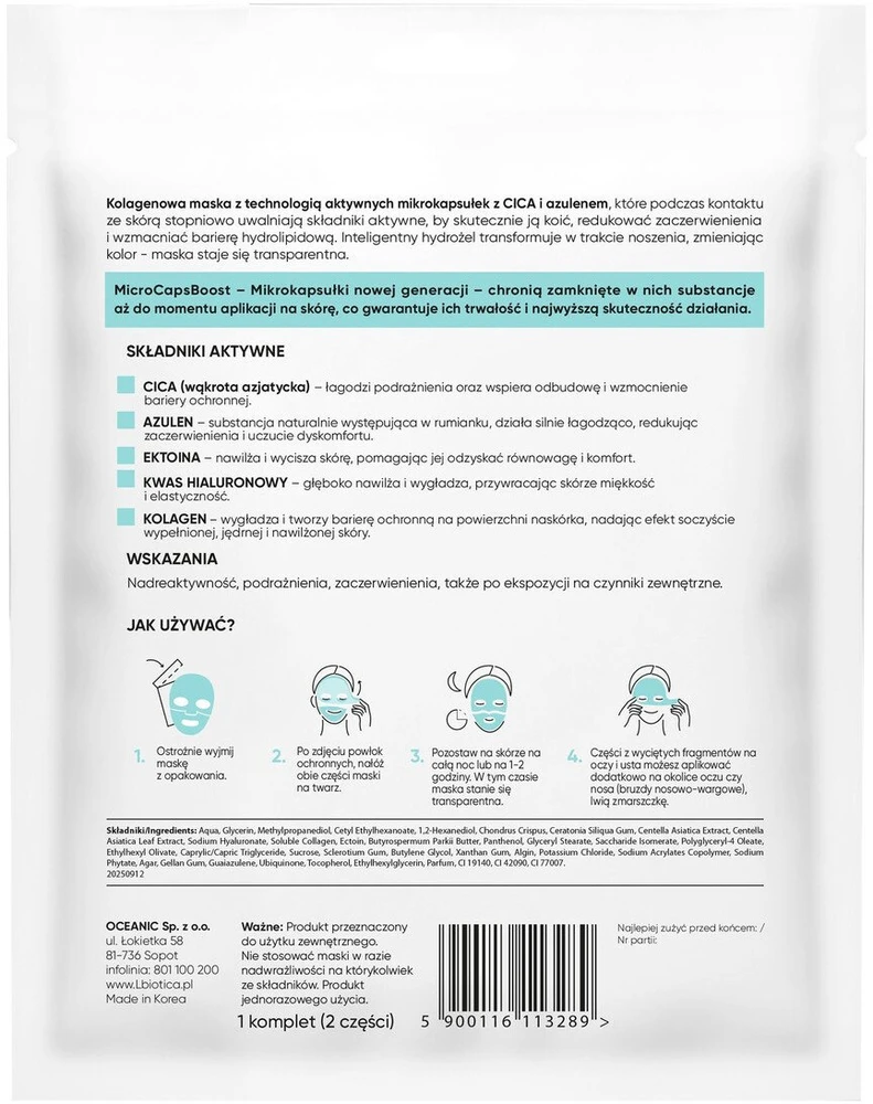 Lbiotica Biovax L'biotica Kolageno kaukė su CICA ir azulenu mikrokapsulėse. Ramina ir mažina paraudimą. 1 vnt.