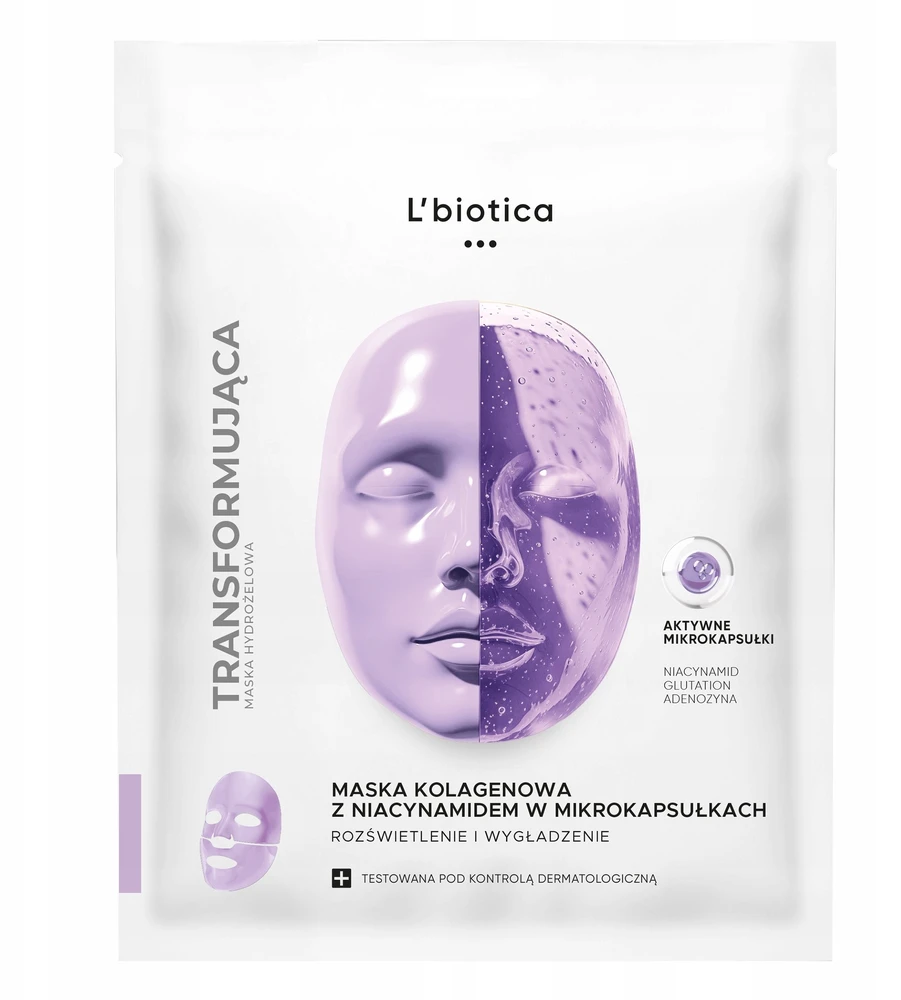 L'biotica Švytėjimo suteikianti ir lyginamoji kolageno kaukė su niacinamidu mikrokapsulėse, 1 vnt.