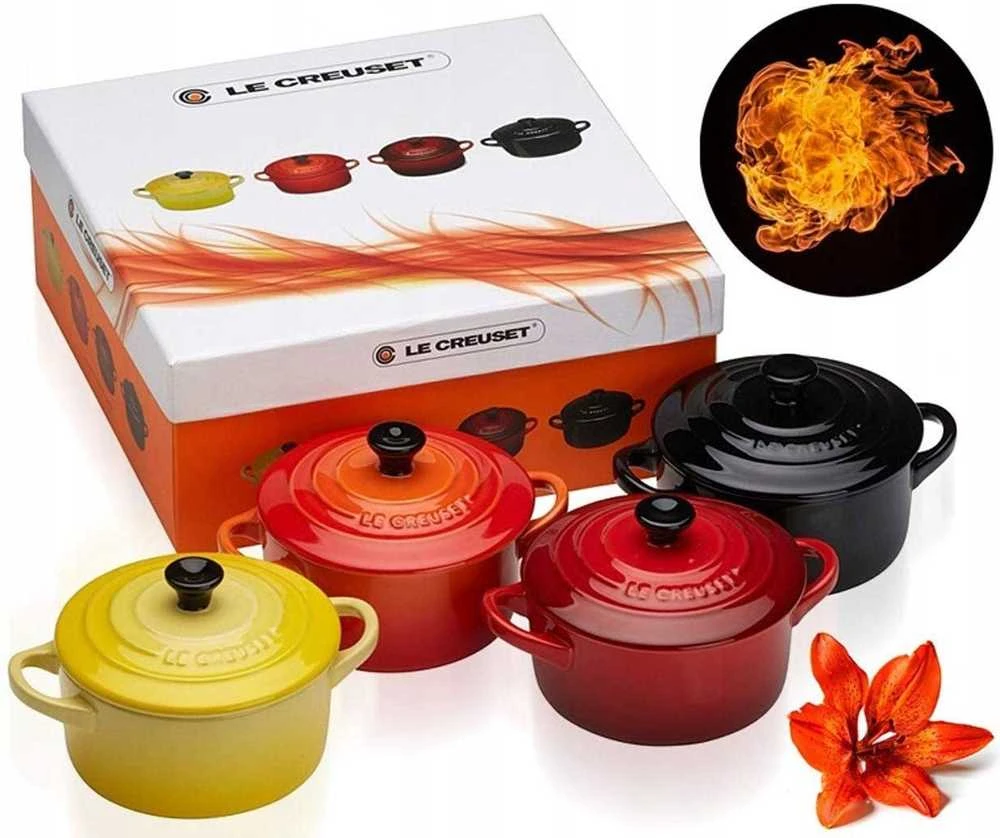 „Le Creuset“ akmens masės indų rinkinys iš 4 mažų, 10x5 cm raudonų puodų